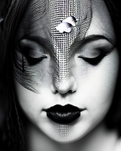 Image similar to black and white dreamy spiritual female fish - cyborg high quality portrait photo, microchip leaves, artificial intelligence, cinematic, rim light, photo - realistic, elegant, high detail, 8 k, masterpiece, high fashion, in the style of man ray