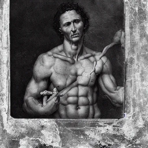 Prompt: “1800s era photograph of Michelangelo sculpting Matthew McConaughey as David, hyperrealistic, hd, faded, cracked, stained”