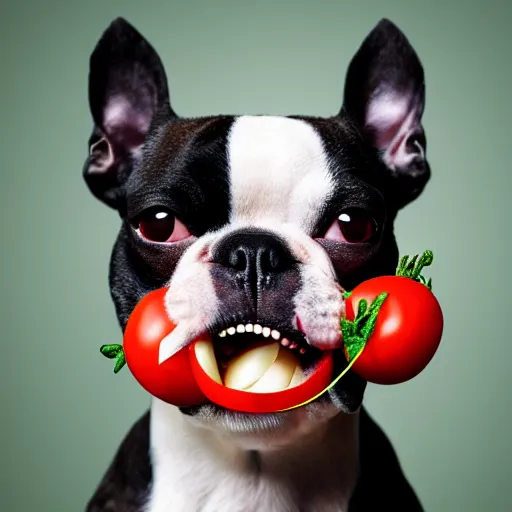 Image similar to boston terrier with a human beard eating tomato's with cheese, photorealistic, high detail, 8 k resolution