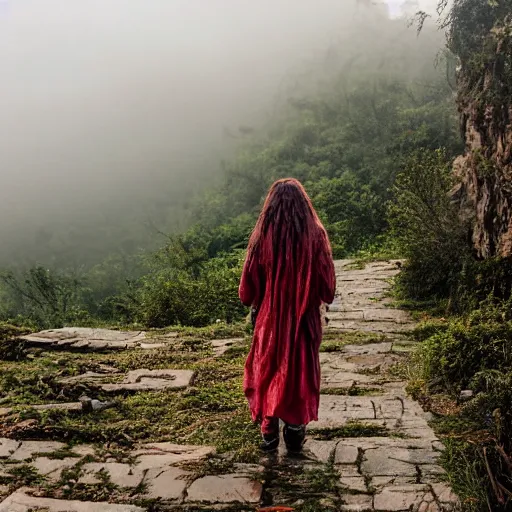 Image similar to define the character of a beautiful girl, messy long red hair, messy wet grey tribal clothes, short torn up pants, she is walking on a mountain and we see down in a deep valley a very poor old shanti town with wooden ruins, medieval time, heavy rain, late at night, mist, cinematic, 8 k,