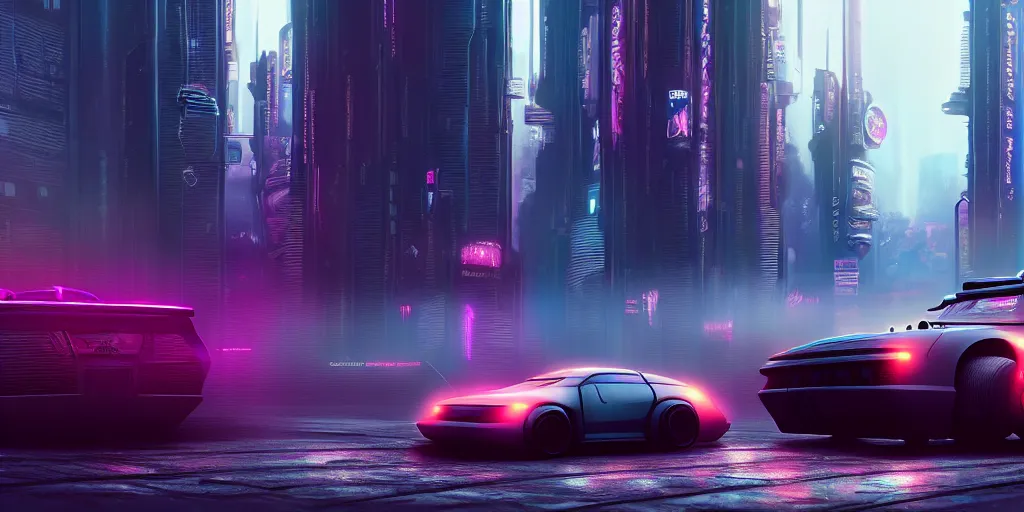 Prompt: a highly detailed matte painting of cyberpunk car, featured on Artstation