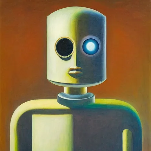 Image similar to super - intelligent robot with kind eyes portrait, grant wood, pj crook, edward hopper, oil on canvas