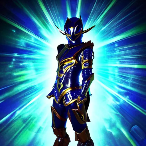 Image similar to High Fantasy Kamen Rider, glowing eyes, 4k, daytime, rubber suit, segmented armor, dark blue armor with green secondary color, tokusatsu