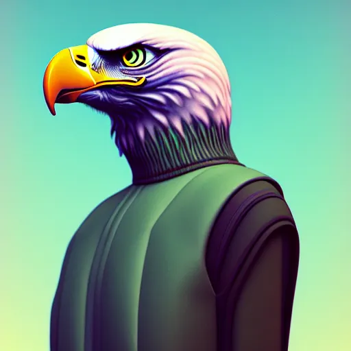 Prompt: full shot eagle android:: by Martine Johanna and Simon Stålenhag and Chie Yoshii :: dynamic, particulate, pastel colors, intricate, elegant, highly detailed, centered, artstation, smooth, sharp focus, octane render, 3d