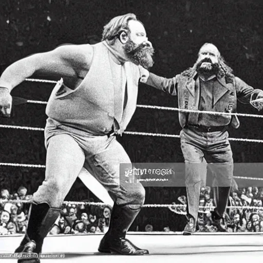 Prompt: karl marx!!!!! bodyslams friedrich nietzsche!!!!! in wwe championship match, 1 9 9 0 vintage photo, portrait, close - up, award - winning