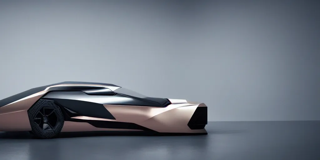 Image similar to a design of a futuristic vehicle, designed by Polestar, blade runner background, brushed rose gold car paint, black windows, dark show room, dramatic lighting, hyper realistic render, depth of field