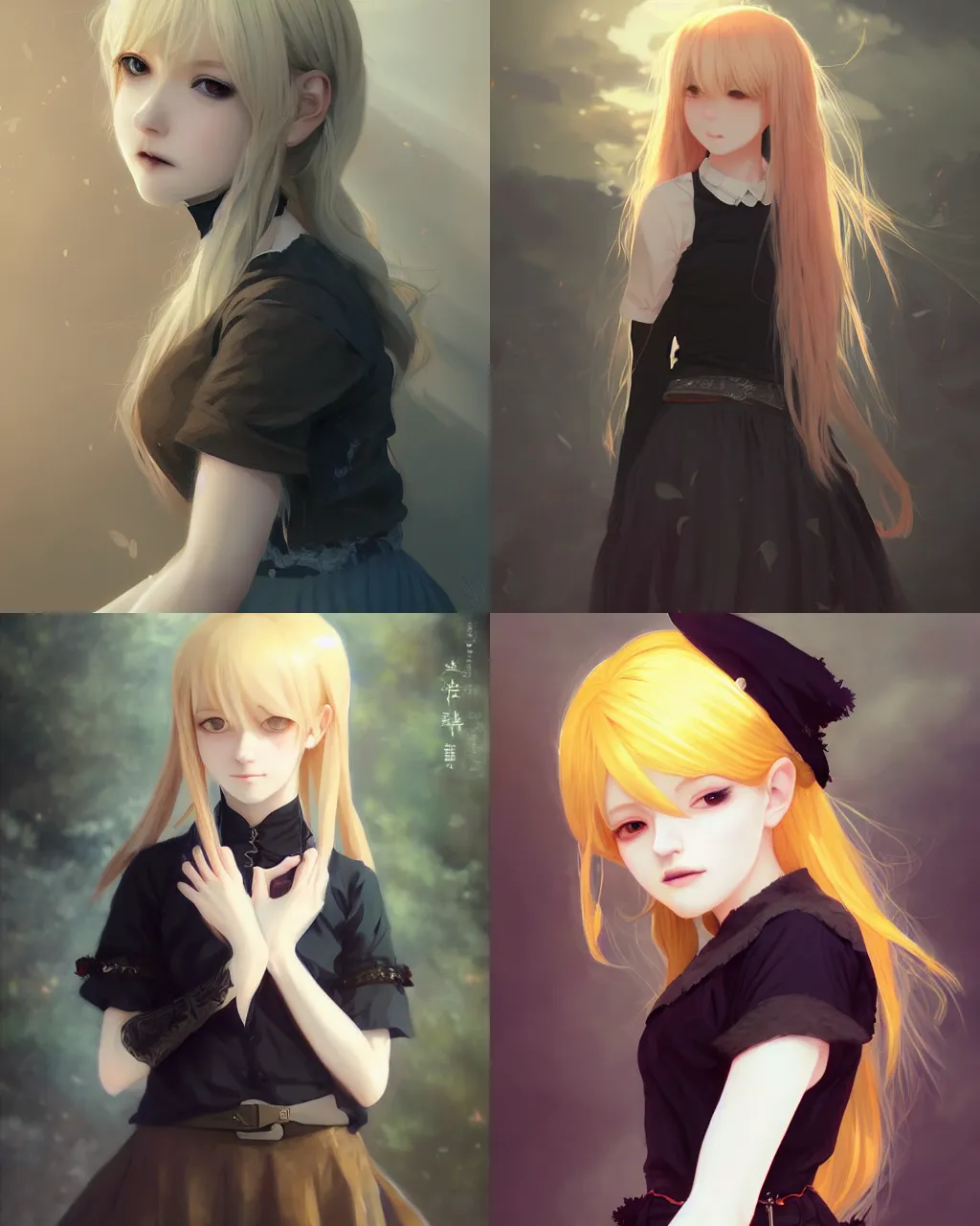 Prompt: girl with blonde hair and gothic skirt, a beautiful portrait, rim light, perfectly shaded, soft painting,, art by hidari and makoto shinkai and wenjun lin