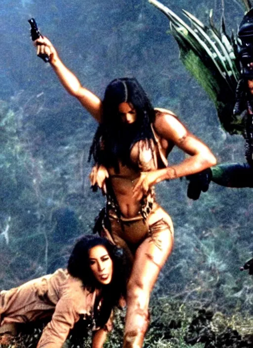 Image similar to film still of kim kardashian being held up in the air by predator in the movie predator.