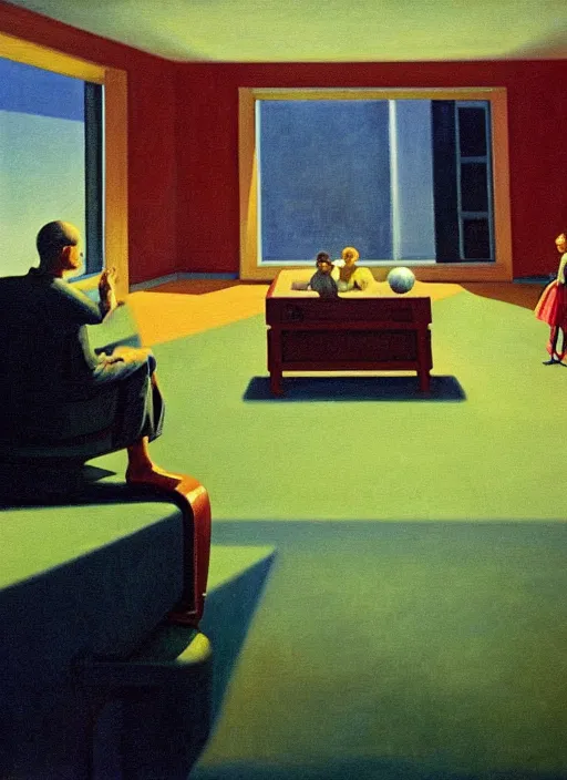 Prompt: painting of a family building getting lectured by a very large alien in their suburban living room, energetic orbs in the air, in the style of edward hopper