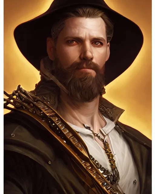 Prompt: white male rogue bard portrait, highly detailed, very intricate, symmetrical, cinematic lighting, closeup painted portrait, by donato giancola and rossdraws and magali villenueve, featured on artstation