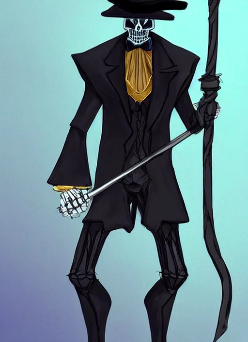 Image similar to DND character concept, skeletal male figure, wearing a deep black suit!!! and tie and top hat, holding a gold! cane!. Surrounded by light blue!!! flames!!