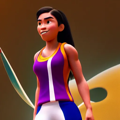 Image similar to young beautiful athletic Filipino woman with long hair posing, depicted as adult Pixar character, high quality cg render, 4k