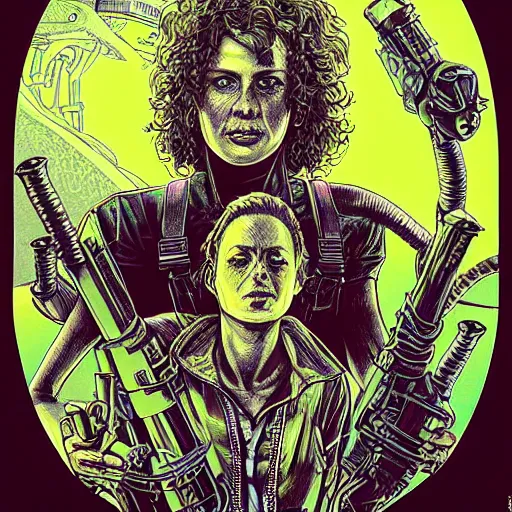 Image similar to portrait of crazy ellen ripley with aliens around, symmetrical, by yoichi hatakenaka, masamune shirow, josan gonzales and dan mumford, ayami kojima, takato yamamoto, barclay shaw, karol bak, yukito kishiro