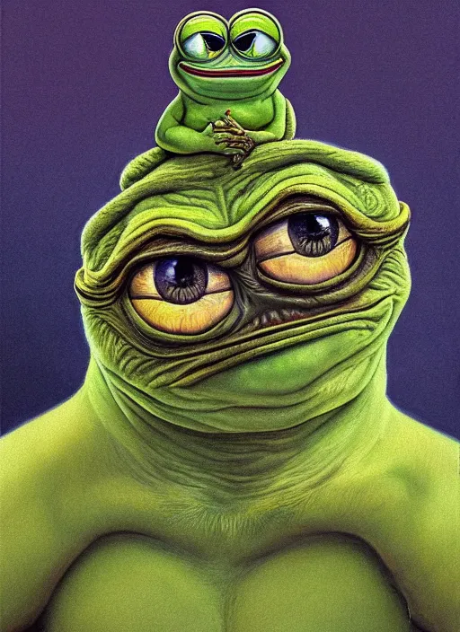 Image similar to portrait of Pepe the Frog, highly detailed, centered, solid color background, digital painting, artstation, concept art, smooth, sharp focus, vintage grainy 1970s illustration, Basil Gogos, donato giancola, Joseph Christian Leyendecker, Les Edwards, Ed Repka, Wayne Barlowe,