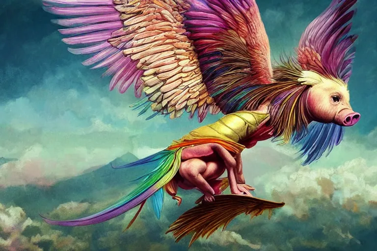 Prompt: a pig with rainbow feathered wings, flying above a tropical forest, HD, illustration, epic, D&D, fantasy, intricate, elegant, highly detailed, digital painting, artstation, concept art, smooth, sharp focus, illustration, wallpaper, art by artgerm and greg rutkowski and alphonse mucha and jin xiaodi and anthony devine