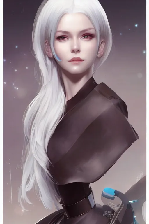 Prompt: a portrait of a scientist android girl with silver hair by artgerm and wlop and krenz cushart, painterly