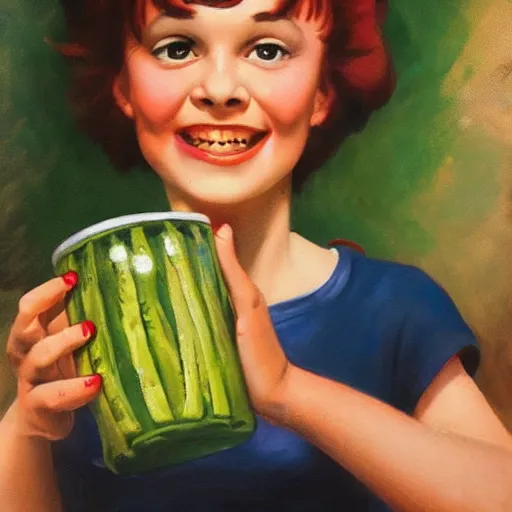 Prompt: a smiling girl with short grey red hair proudly holding a fido jar into the camera. close up. the fido jar is filled with big green pickles. by frank frazetta