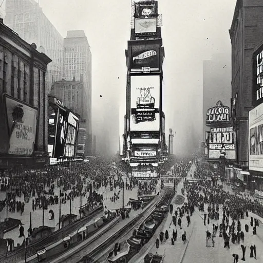 Prompt: 1 9 th century photograph of times square, modern aesthetics,