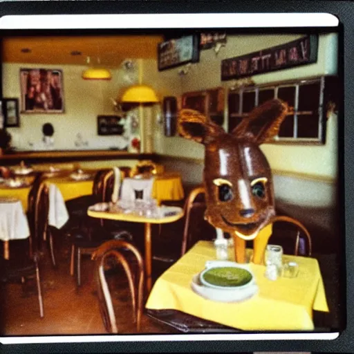 Prompt: 1980s polaroid of a restaurant with a creepy yellow animatronic rabbit in the corner, blurry, hazy