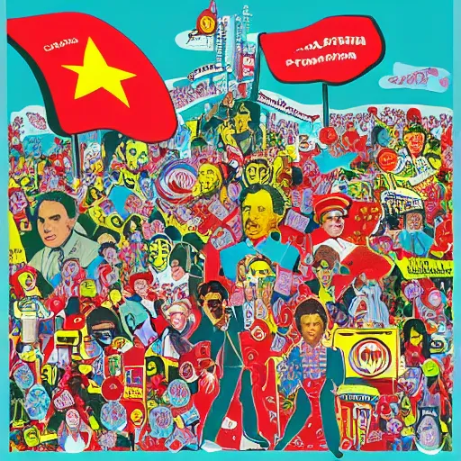 Image similar to a communist revolution in Candy Land, 1960s illustration, high quality, collage in the style of Klaus Voormann and Andy Warhol, album cover