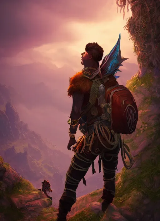 Image similar to an epic fantasy comic book style portrait painting of a male fantasy explorer in the wilds with a backpack and map, unreal 5, daz, hyperrealistic, octane render, cosplay, rpg portrait, dynamic lighting