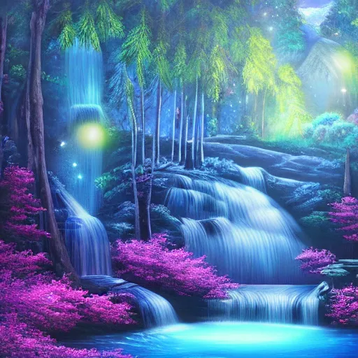 Prompt: mystical sparkling landscape with luminescent indigo and cyan trees and terraced waterfalls detailed airbrushed painting 4 k