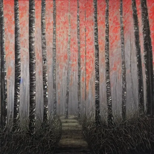 Prompt: dark liminal forest, thin dirt path, tall birch trees with eyes, many dark tentacles in trees, foggy, low red glow in background, highly detailed painting, thin brush strokes,