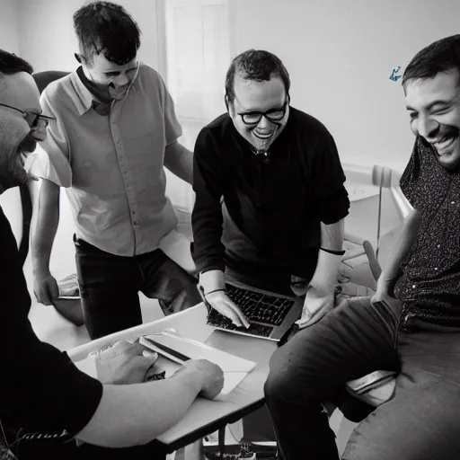 Prompt: several guys looking at a laptop screen laughing, colour photograph, 35mm n8