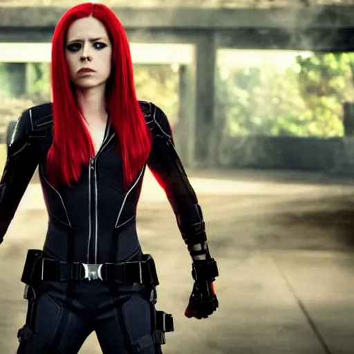 Image similar to movie still of Avril Lavigne as Black Widow, high quality, 4k