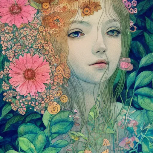 Image similar to a beautiful intricate watercolor illustration of a dreaming girl with flowers, leaves, 4 k, ultra - wide angle, by william turner, by victo ngai, by gustav klimt, hd, trending on artstation, hyper detailed, muted intense colors