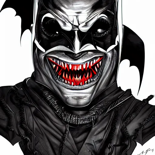 Image similar to the batman who laughs, hyper detailed masterpiece, digital art painting, surrealisme aesthetic,