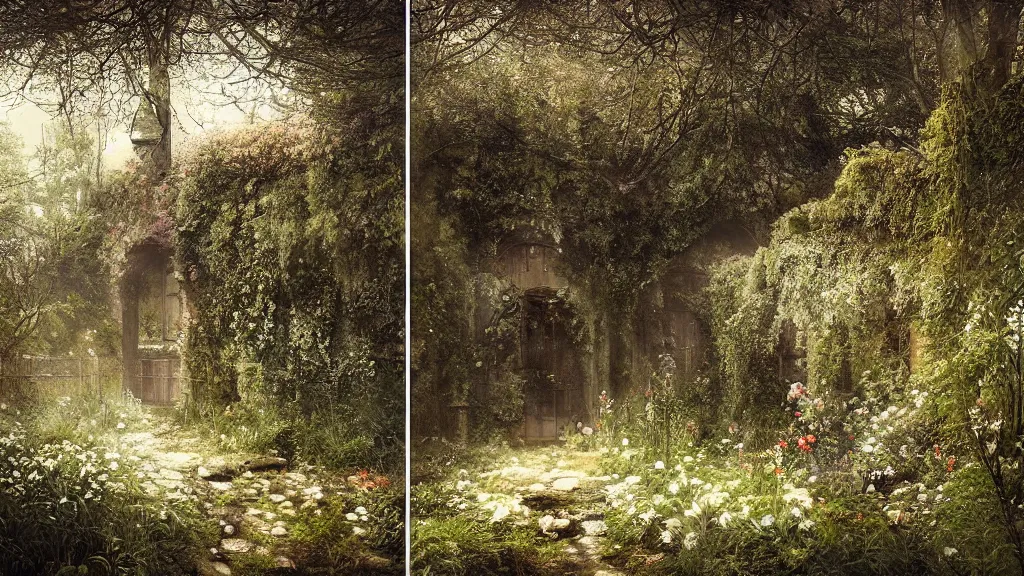 Image similar to the secret garden is overgrown with weeds and growth. no snow. andreas achenbach, artgerm, mikko lagerstedt, zack snyder, tokujin yoshioka