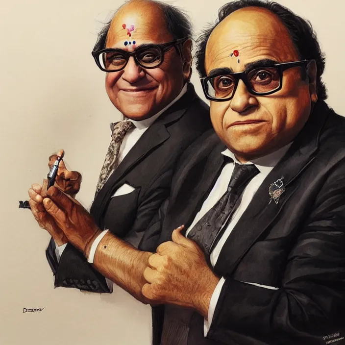 Image similar to danny devito and an indian wearing a suit, elegant, real life skin, intricate artwork, high detailed, artstation, concept art, smooth, sharp focus, art by artgerm and greg rutkowski