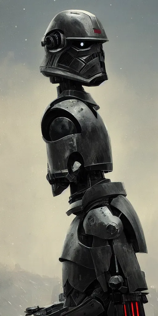Image similar to A portrait of a robot, battle worn armour, techwear, Sith, Star Wars art, art by greg rutkowski, matte painting, trending on artstation