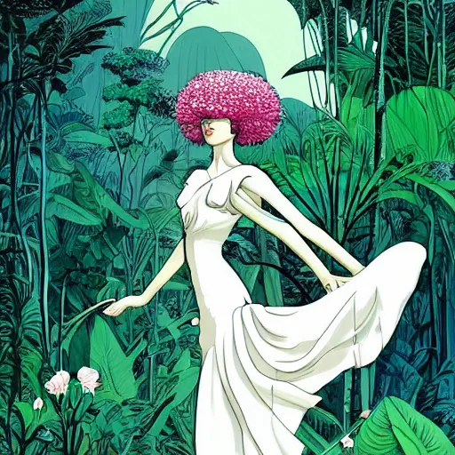 Prompt: elegant woman, white dress, dense jungle, trees, huge flowers, risograph!, omnious, dark, oldschool vintage sci - fi flat surreal design, super - detailed, painting by moebius and satoshi kon and jodorowski and katsuhiro otomo and kim jung gi, hd, 4 k, high quality