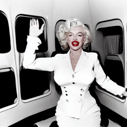 Image similar to a 35mm film camera photography of marilyn monroe as a flight attendent in 1998