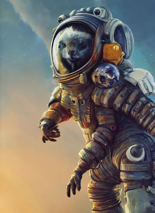 Image similar to detailed full body concept art illustration oil painting of an anthropomorphic capybara astronaut in full intricate armor, biomutant, dystopian, ultra detailed, digital art, octane render