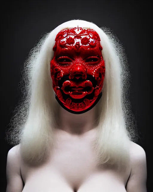 Prompt: symmetrical portrait of an albino woman wearing a silicone embroidered red beauty mask and white hair buns, wearing a black bodysuit by alexander mcqueen, cream white background, soft diffused light, biotechnology, humanoide robot, bjork aesthetic, translucent, by rineke dijkstra, intricate details, highly detailed, masterpiece,