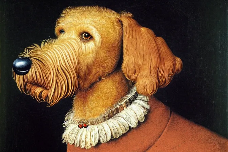 Prompt: portrait of airedale terrier. painting by giuseppe arcimboldo