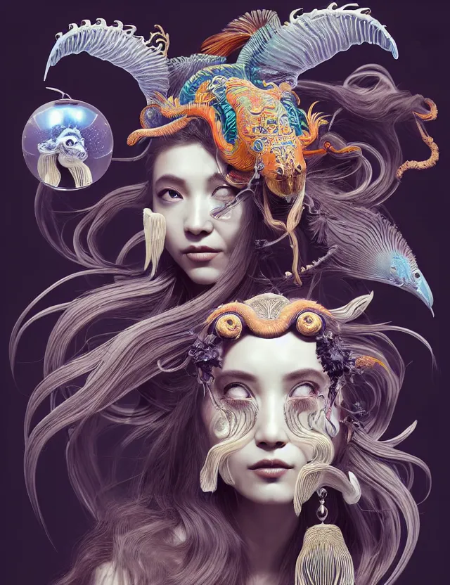 Image similar to 3 d goddess half - turn portrait with long hair with ram skull. beautiful intricately detailed japanese crow kitsune mask and clasical japanese kimono. betta fish, jellyfish phoenix, bio luminescent, plasma, ice, water, wind, creature, artwork by tooth wu and wlop and beeple and greg rutkowski