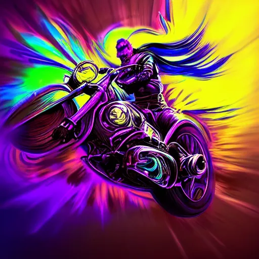 Image similar to psychedelic blacklight airbrush artwork, motorcycle, hyper stylized action shot of an orc biker riding a motorcycle, clear focused details, soft airbrushed artwork, black background, cgsociety, artstation