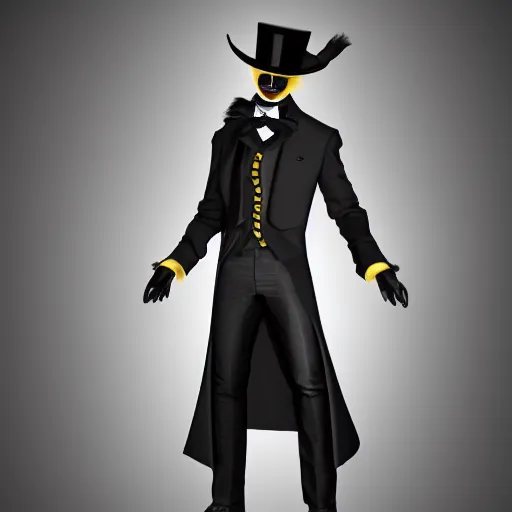 Image similar to a highly detailed portrait of a man in a high top hat covering his face, in a black tailcoat with a yellow waistcoat under the tailcoat, artstation, deviantart, professional, unreal engine 5, photorealistic