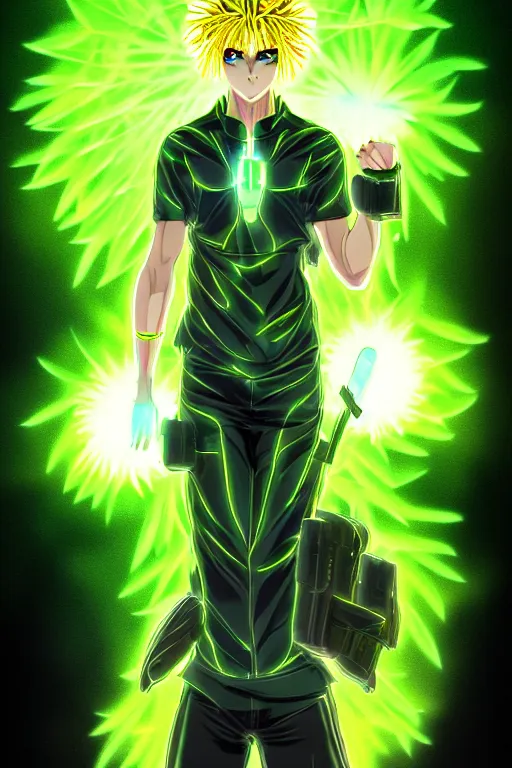 Image similar to nuke cloud dandelion male anime character, symmetrical, highly detailed, digital art, sharp focus, trending on art station, green eyes, glowing radioactive colours