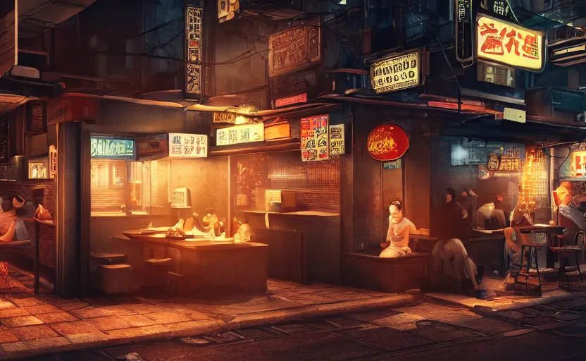 Prompt: a small cozy hole in the wall ramen restaurant nestled in a busy street of a bustling thriving cyberpunk city at night, trending on cgsociety, unreal engine, 4 k wallpaper