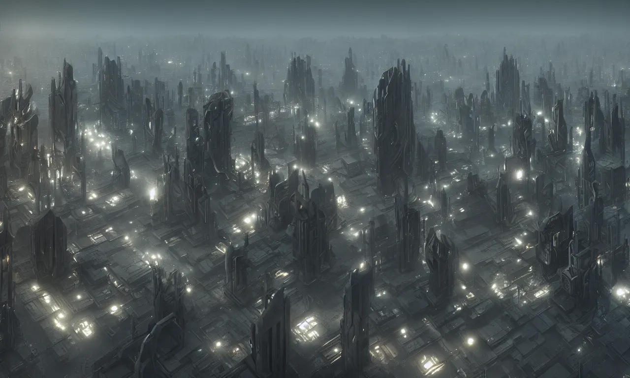 Image similar to brutalist alien city civilization, matte painting by Martin Deschambault, trending on artstation, octane render, cinematic, elegant, intricate, 8k, scifi