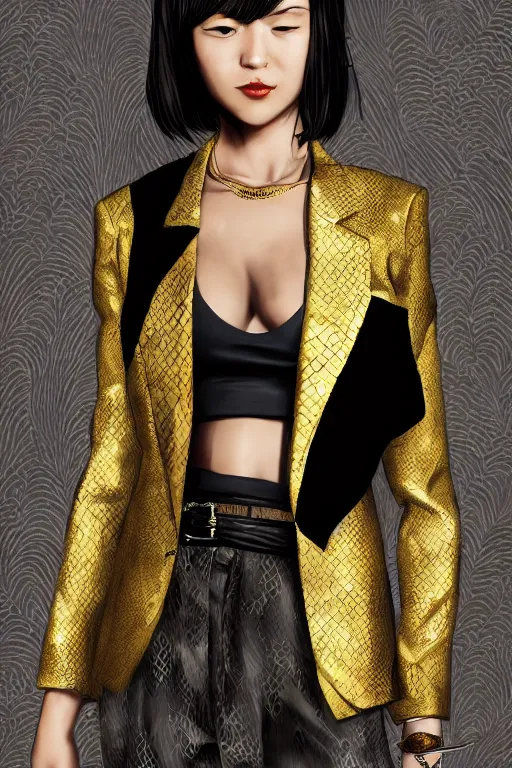 Image similar to yakuza slim girl, gold suit jacket in snake print, jacket over bare torso, yakuza tattoo on body, black short curtain haircut, black leather pants with black belt, portrait, elegant, 2d, ultra highly detailed, digital painting, smooth, sharp focus, artstation, art by Ilya Kuvshinov, rossdraws