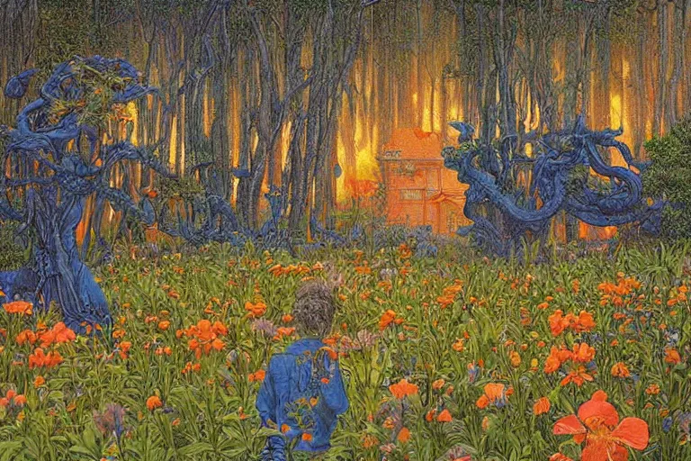 Prompt: hyperrealism, scene from church, tornado of fire, blue grass, thunderstorm, starship, junkyard, louisiana swamps, orange blooming flowers garden, 8 k, 8 0 s japanese sci - fi books art, artwork by jean giraud