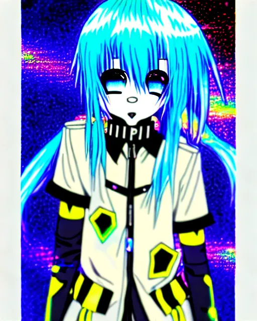 Image similar to a hologram of rimuru tempest, sky blue hair, golden yellow eyes, wearing black stylish clothing, holography, irridescent, baroque visual kei decora art