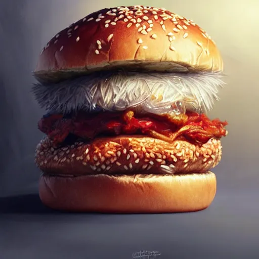 Image similar to portrait of a young rugged chicken sandwich , extra onions and ketchup, luscious patty with sesame seeds, handsome, D&D, fantasy, intricate, elegant, highly detailed, digital painting, sweaty meat, artstation, concept art, matte, sharp focus, illustration, art by Artgerm and Greg Rutkowski and Alphonse Mucha