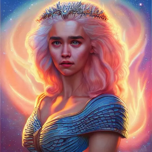 Prompt: cosmic lofi daenerys targaryen portrait, queen of dragons, fire flaming serpent, Pixar style, by Tristan Eaton Stanley Artgerm and Tom Bagshaw.